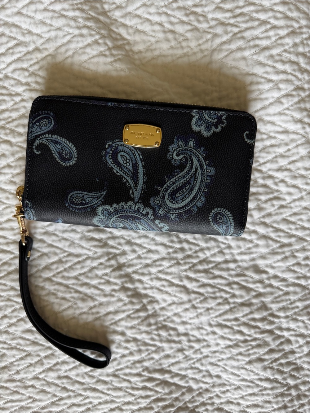 Michael Kors Black Paisley Zip Wristlet with Gold Plate